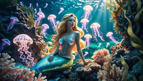 Mystical mermaid in luminous underwater reef