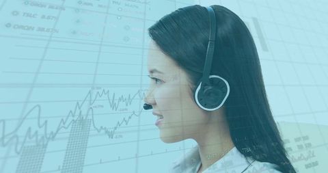 Smiling Call Center Agent with Digital Chart Overlay
