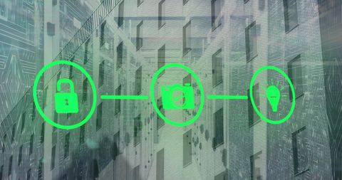 Cybersecurity and innovation icons over cityscape