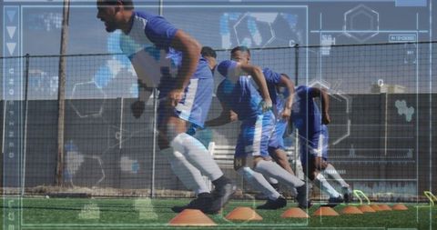 Male Soccer Players Training with Biometric Technology Overlay