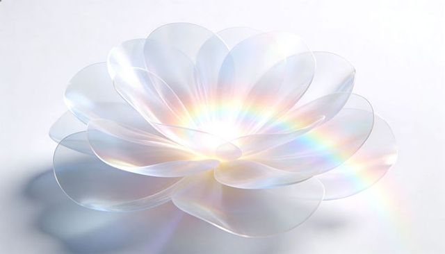 Iridescent translucent petal sculpture radiating rainbow light on white surface