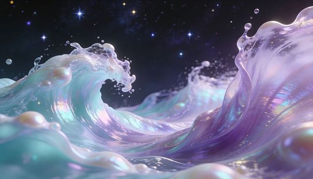Gliding iridescent pastel waves rolling through celestial seascape with luminous pearls
