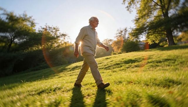 Senior man walking across sunlit park hill during golden hour, healthy active lifestyle