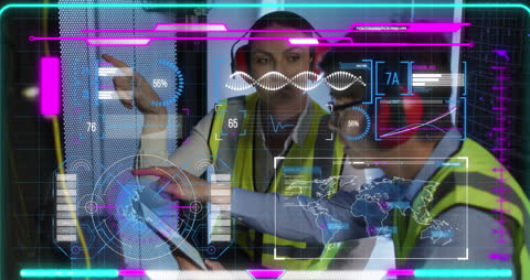 This video depicts skilled engineers using advanced technology interfaces to analyze data systems in a server room. The overlay of digital graphs, data analytics, and a world map suggests global connectivity and real-time data processing. Ideal for illustrating concepts of modern technology, data management, IT infrastructure, telecommunications, and global business solutions. Suitable for use in tech-related articles, business presentations, educational material, or marketing campaigns.