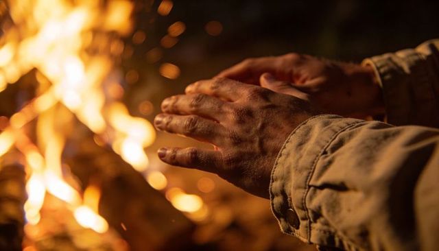 Hands warming over campfire at night with sparks and tan jacket cuff
