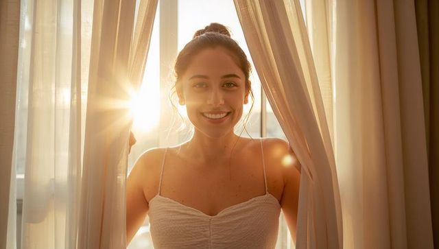 Young woman parting sheer curtains welcoming golden sunrise glow through window