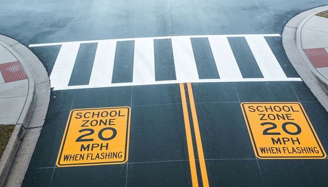 Aerial showing school crosswalk with 20 mph school zone markings and double yellow lines