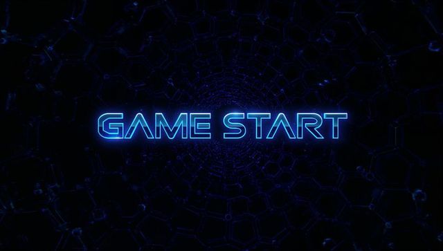 Neon blue game start in futuristic virtual tunnel