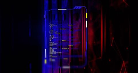 Floating Holographic Code Panel with Blue Neon HUD Overlay Showing White and Yellow Code