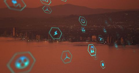 Sustainability and Ecology Icons Over Urban Landscape