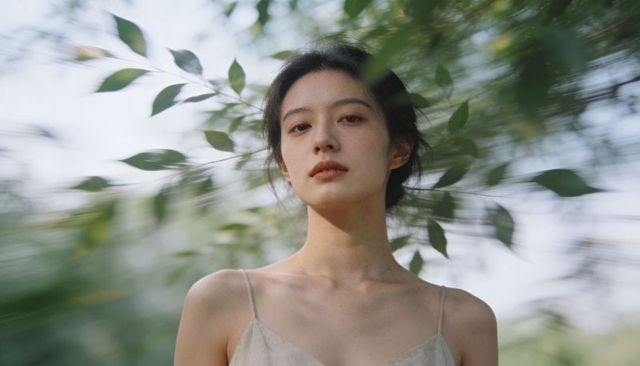 Contemplative asian woman gazing through garden foliage with soft bokeh portrait
