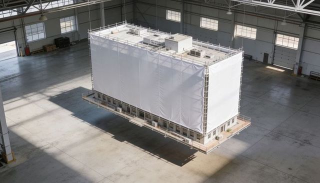 Modular unit being wrapped in white sheeting inside industrial hangar showing rooftop hvac