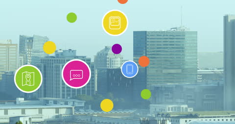 Cityscape with Digital Networking Symbols at Daytime