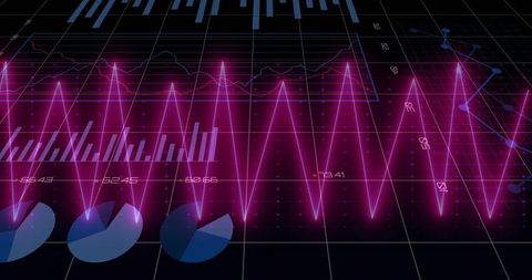 Pulsing Neon Magenta Waveform Over Dark Data Grid with Holographic Charts