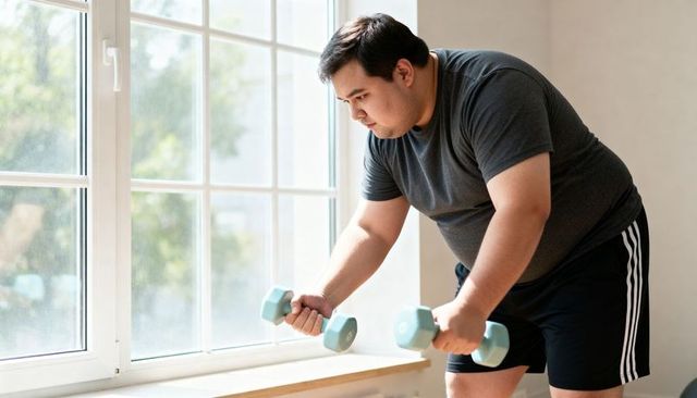 Overweight man lifting dumbbells by sunlit window for home workout and strength training