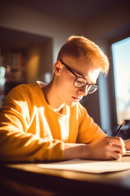 Teenage student focuses on studying at desk during sunset. Featuring warm lighting and academic environment. Ideal for educational content, tutoring websites, back-to-school campaigns, and productivity articles emphasizing focus and hard work.