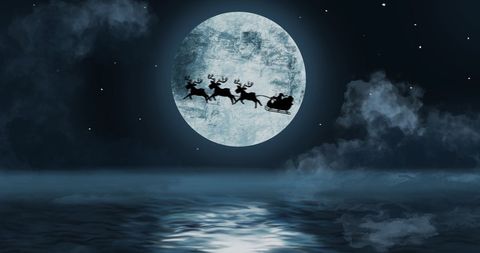 Santa Claus and Reindeer Silhouette Flying Against Full Moon - Download Free Stock Images Pikwizard.com
