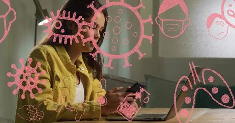 Woman checking smartphone at home desk with laptop and pink virus illustrations