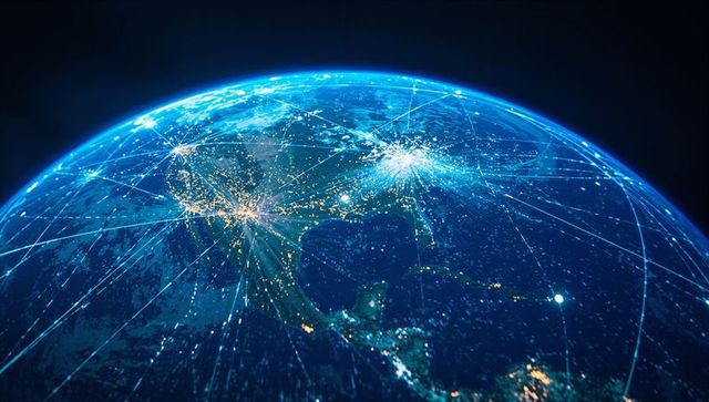 Earth from Space Showing Glowing Network Connectivity Across Cities