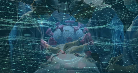 Surgeons Performing Operation with Overlay of Virus Animation
