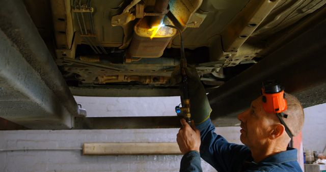 Automotive Mechanic Welding Underneath Car in Garage Workshop - Download Free Stock Images Pikwizard.com