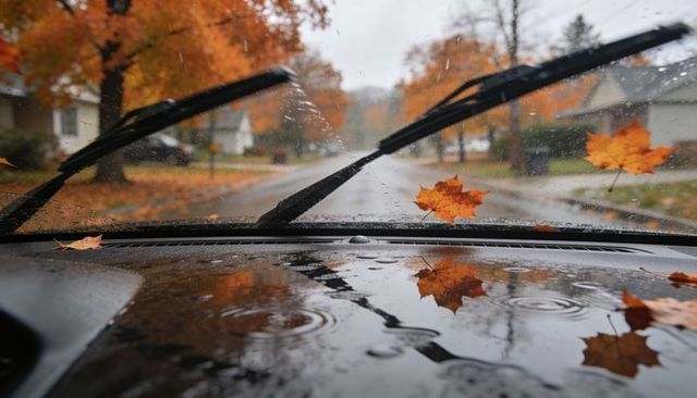 Windshield wipers sweeping rain-streaked glass with orange maple leaves on autumn street