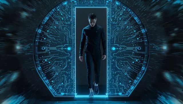 Futuristic cyberpunk portal man stepping through neon-blue circuitry gateway techwear