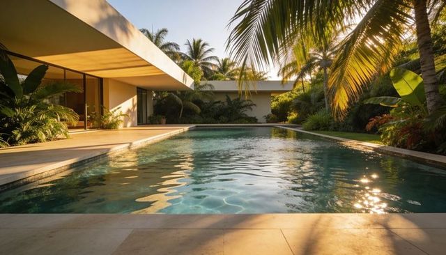 Reflecting rectangular pool catching golden sunlight at modern cantilever patio