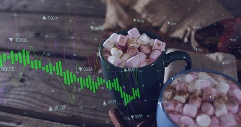 Rustic hot chocolate mugs with marshmallows and market chart overlay