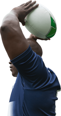 Athletic African American Man Throwing Rugby Ball on Transparent Background