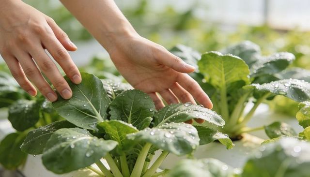 Bare hands touching dew-kissed bok choy growing in hydroponic greenhouse channel
