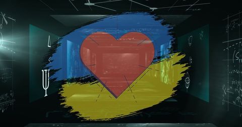 Heart Icon Over Ukraine Flag with Data Processing in Background