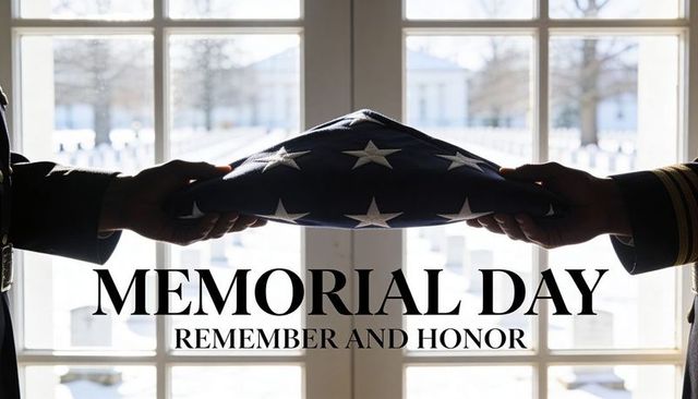 Memorial day flag folding ceremony holding folded us flag at chapel window overlooking snowy cemeter