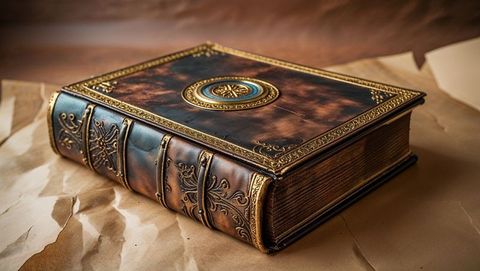 Ornate leather-bound antique book with gold embossing on tabletop