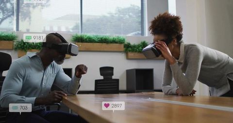 Business Team Experiencing Virtual Reality Collaboration in Boardroom with Social Overlays