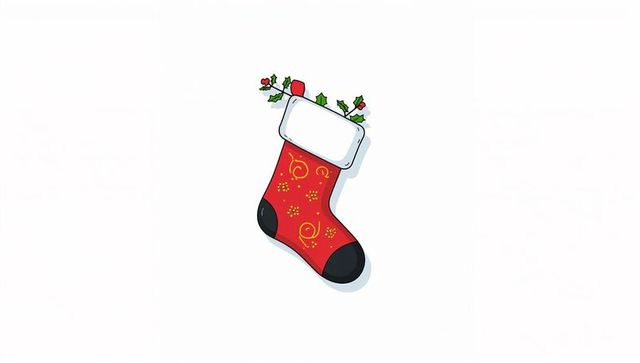 Red christmas stocking featuring white cuff, holly sprigs and gold snowflake motifs