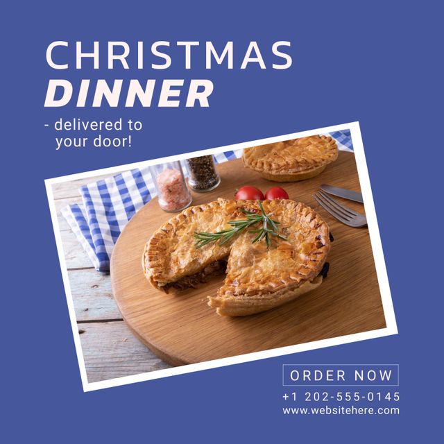 This design features an advertisement for Christmas dinner delivery with appetizing meat pies on a wooden board. Ideal for holiday culinary services, promotional posters, and online campaigns. Emphasizes the ease of ordering with contact information, making it suitable for food delivery businesses aiming to attract holiday customers.