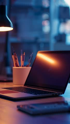 Displaying vertical dusk workspace with laptop and pencil cup under warm lamp glow