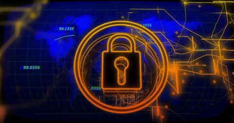 Neon Padlock Cybersecurity HUD Over Global Network Map with Orange Glow and Data Readouts