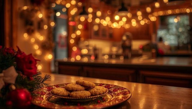Holiday Cookies on Festive Charger, Glowing Kitchen Lights, Cozy Evergreen Tabletop