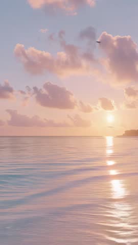 Vertical sunrise over calm ocean waves with pastel clouds and birds gliding