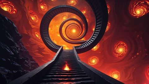 Surreal stone spiral staircase into spectacular fiery hell abyss