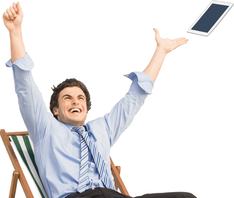 Laughing Businessman Celebrating Throwing Tablet on Transparent Background