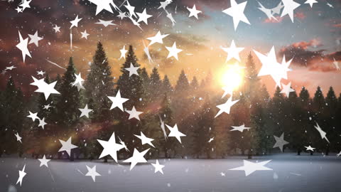 Starry Snowflakes Falling in Winter Forest Landscape