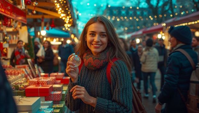 Woman Enjoying Festive Christmas Market Holding Glass Ornament