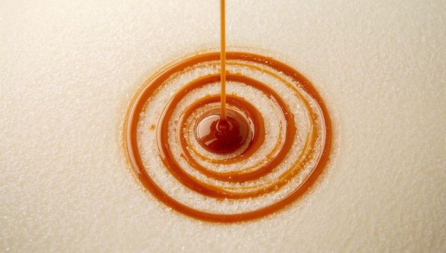 Pouring caramel creating concentric rings on granulated sugar surface, macro closeup