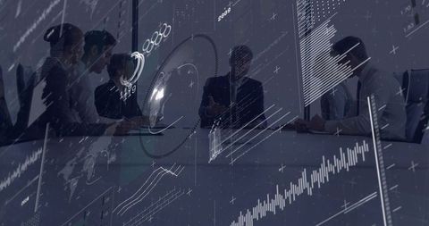 Executives collaborating over augmented reality data visualizations in boardroom