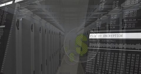 Modern data center with encryption overlay highlighting cybersecurity