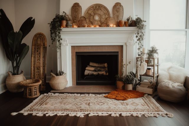 Fireplace with candles and decorations in modern living room, created using generative ai technology. Fireplace, home decor and interior design concept digitally generated image.