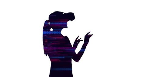 Silhouette of Woman Using VR Headset with Digital Glitch Effects